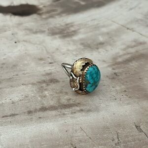 Gorgeous rare Navajo Virginia C Sterling silver gold filled turquoise ring 6.5